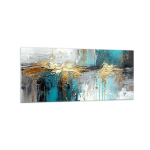 Impression sur verre - Image sur verre - Une composition abstraite aux accents turquoise et dorés. - 120x50cm - Tout coule - Décoration murale moderne pour le salon et la chambre ARTTOR