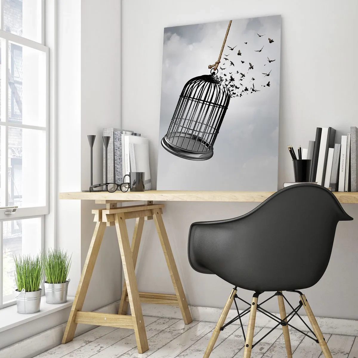 Impression sur verre - Image sur verre - Des oiseaux s'envolent d'une cage dans le ciel - 80x120cm - Foie...Espoir...Liberté! - Décoration murale moderne pour le salon et la chambre ARTTOR