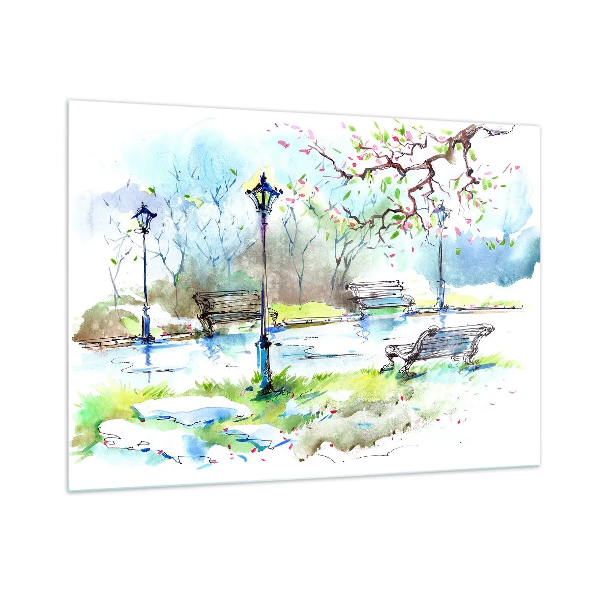 Impression sur verre - Image sur verre - Aquarelle représentant une scène de parc avec des bancs et des lanternes - 100x70cm - Le charme du silence d'un parc - Décoration murale moderne pour le salon et la chambre ARTTOR