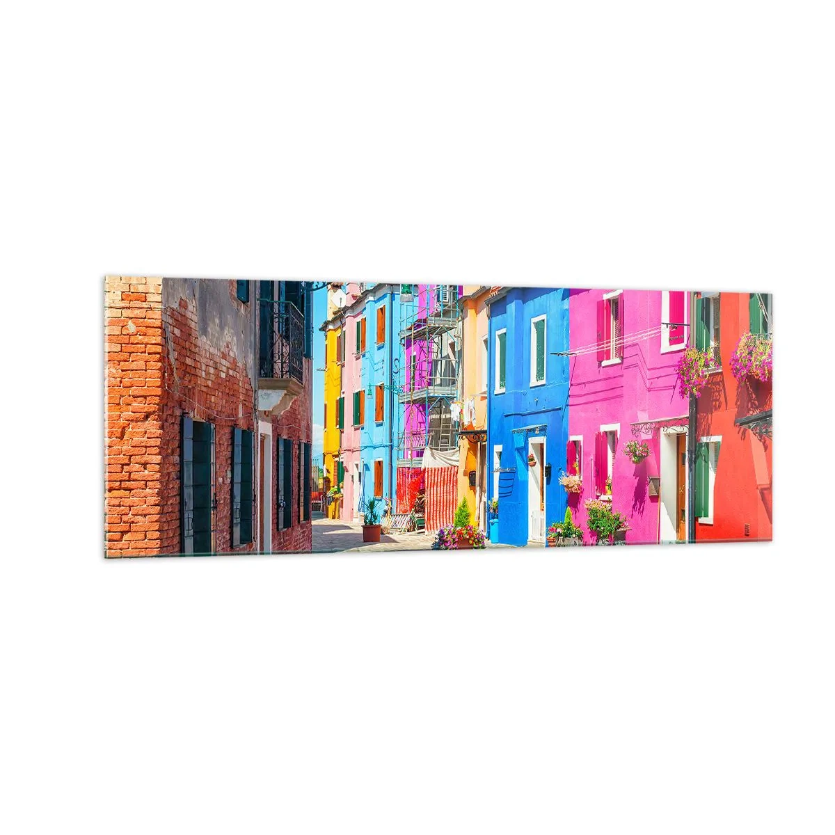 Impression sur verre - Image sur verre - Bâtiments colorés dans une rue étroite de la ville - 140x50cm - Ville "Sous les perroquets" - Décoration murale moderne pour le salon et la chambre ARTTOR