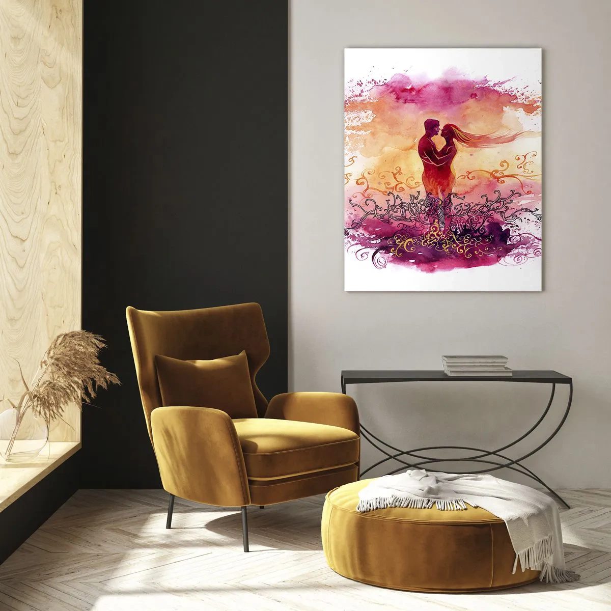 Impression sur verre - Image sur verre - Un couple s'embrassant sur un motif abstrait rose et orange - 70x100cm - Un coeur! Je n'ai pas besoin de beaucoup… - Décoration murale moderne pour le salon et la chambre ARTTOR