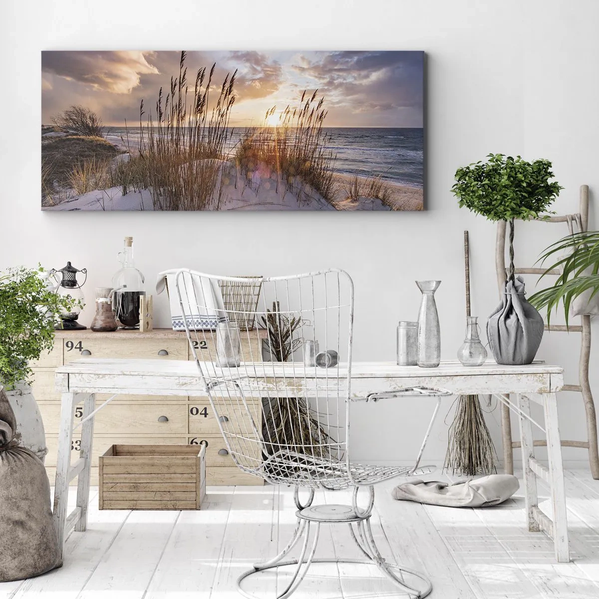 Impression sur toile - Image sur toile - Dunes avec des herbes sur fond de soleil couchant - 140x50cm - Salutations du soleil et du vent - Décoration murale moderne pour le salon et la chambre ARTTOR