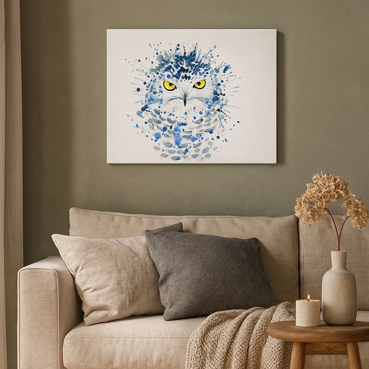 Impression sur toile - Image sur toile - Portrait abstrait d'un hibou aux couleurs bleu et jaune - 70x50cm - Droit dans les yeux - Décoration murale moderne pour le salon et la chambre ARTTOR