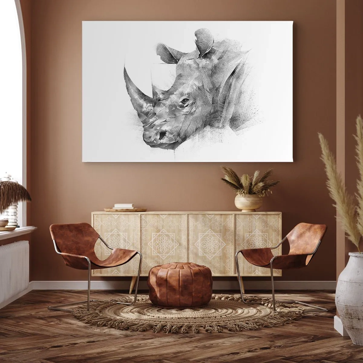 Impression sur toile - Image sur toile - Portrait artistique d'un rhinocéros en noir et blanc - 100x70cm - Potrait africain - Décoration murale moderne pour le salon et la chambre ARTTOR