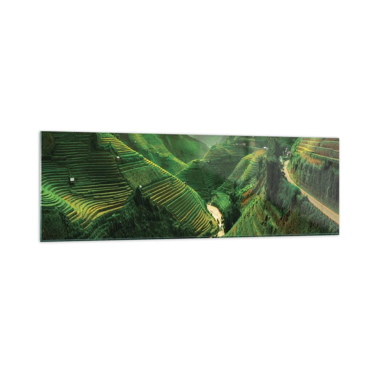 Impression sur verre - Image sur verre - Rizières en terrasses pittoresques dans une vallée verdoyante illuminée par le soleil couchant - 160x50cm - Vallée vietnamienne - Décoration murale moderne pour le salon et la chambre ARTTOR
