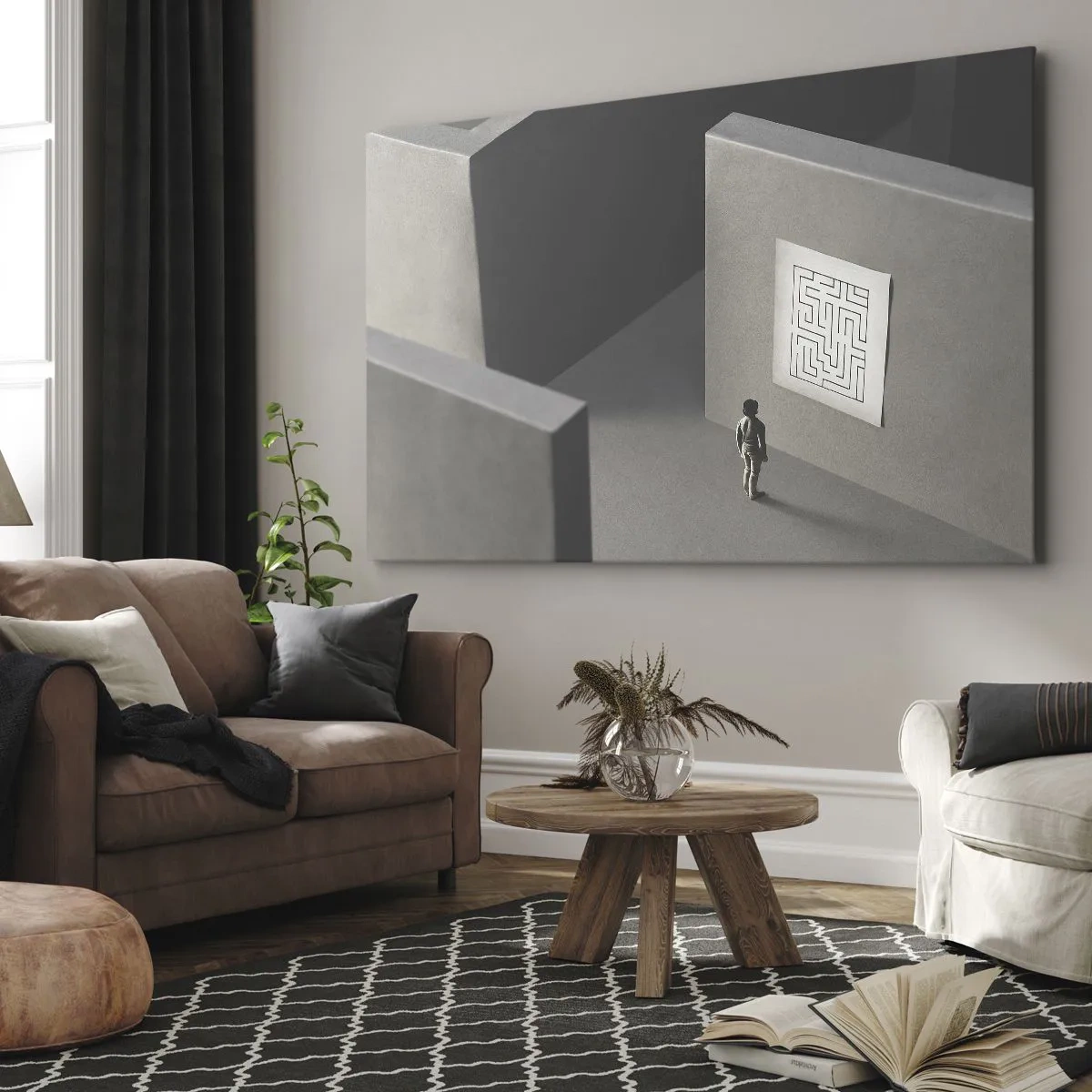 Impression sur toile - Image sur toile - Une figure dans un labyrinthe regardant une carte suspendue - 100x70cm - Mais où suis-je? - Décoration murale moderne pour le salon et la chambre ARTTOR