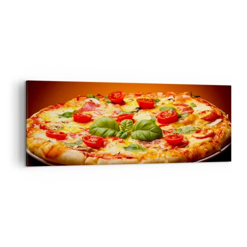 Impression sur toile - Image sur toile - Pizza aux tomates et au basilic sur une table en bois - 140x50cm - Mamma mia! - Décoration murale moderne pour le salon et la chambre ARTTOR