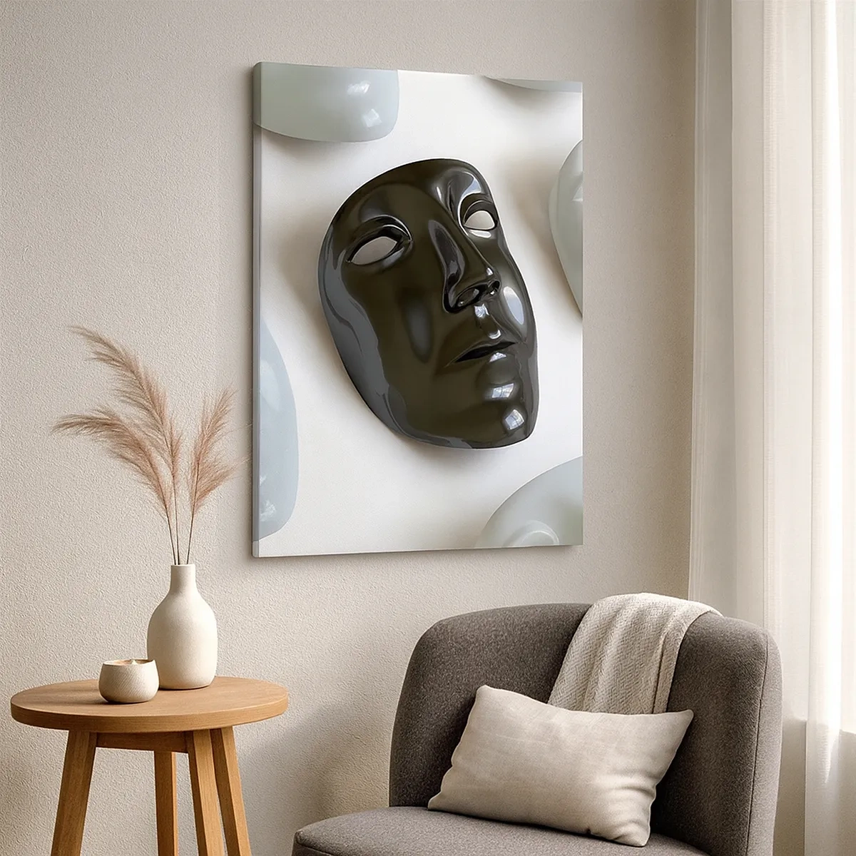 Impression sur toile - Image sur toile - Masques noirs et blancs sur fond clair - 50x70cm - Comment se démarquer ? - Décoration murale moderne pour le salon et la chambre ARTTOR