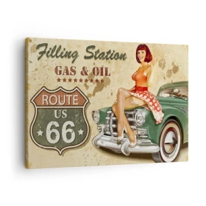 Impression sur toile - Image sur toile - Affiche rétro de la Route 66 avec une pin-up et une voiture - 70x50cm - Les superbes années 40. - Décoration murale moderne pour le salon et la chambre ARTTOR