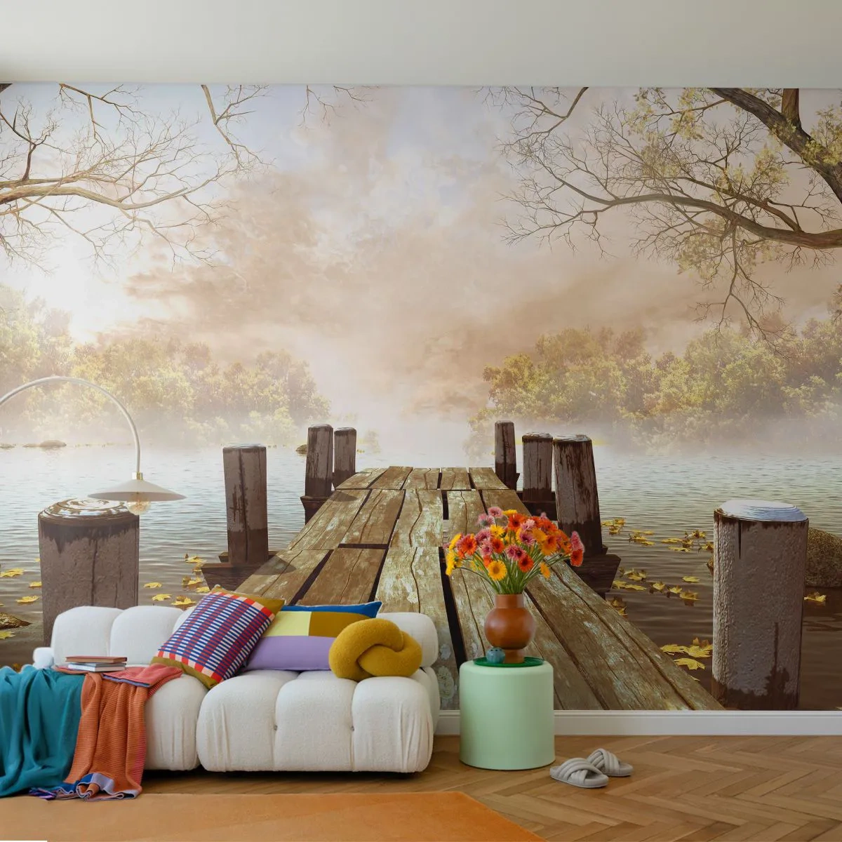 Papier Peint Photo Premium Sand - Une jetée en bois sur un lac entouré de brouillard et d'arbres - 100x70cm - La douce tristesse de l'automne - Décoration murale moderne pour le salon et la chambre ARTTOR