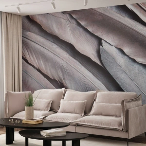 Papier Peint Photo Premium Sand - Plumes délicates dans des tons de rose et d'argent - 100x70cm - En argent rose - Décoration murale moderne pour le salon et la chambre ARTTOR