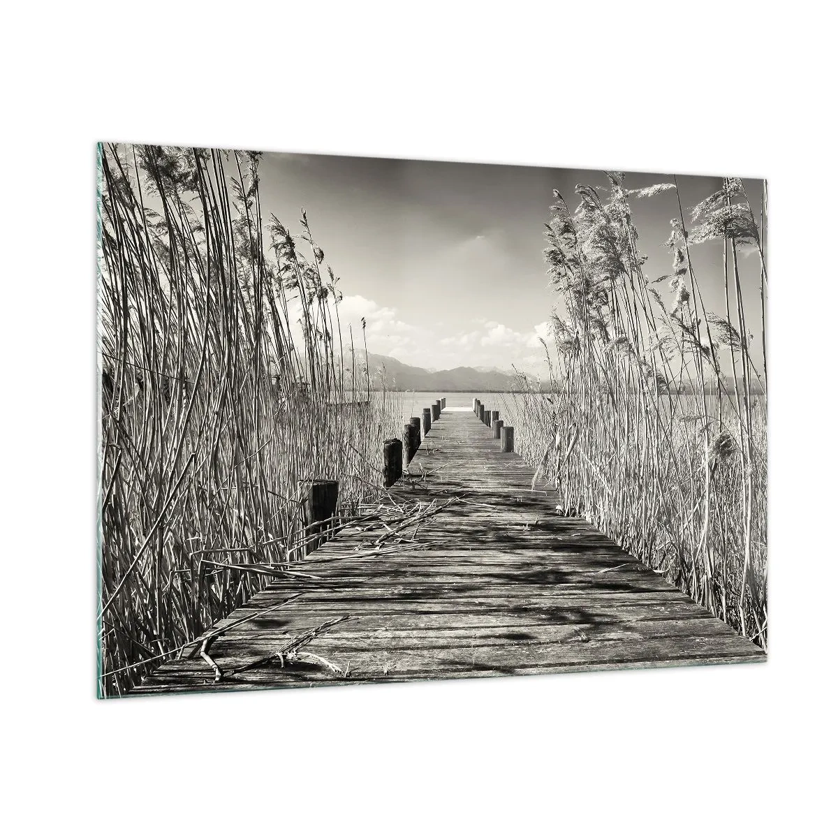 Impression sur verre - Image sur verre - Un pont en bois traverse l'herbe au-dessus d'un lac tranquille. - 100x70cm - Dans le calme de l'herbe - Décoration murale moderne pour le salon et la chambre ARTTOR