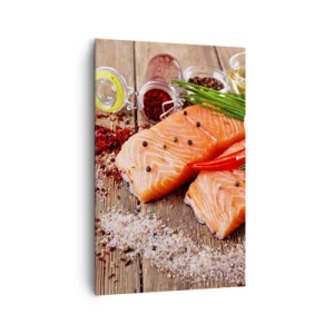 Impression sur toile - Image sur toile - Filets de saumon aux épices sur fond de bois - 80x120cm - Aventure norvégienne dans la cuisine - Décoration murale moderne pour le salon et la chambre ARTTOR