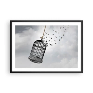Affiche dans un cadre noir - Poster - Des oiseaux s'envolent d'une cage dans le ciel - 70x50cm - Foie...Espoir...Liberté! - Décoration murale moderne pour le salon et la chambre ARTTOR