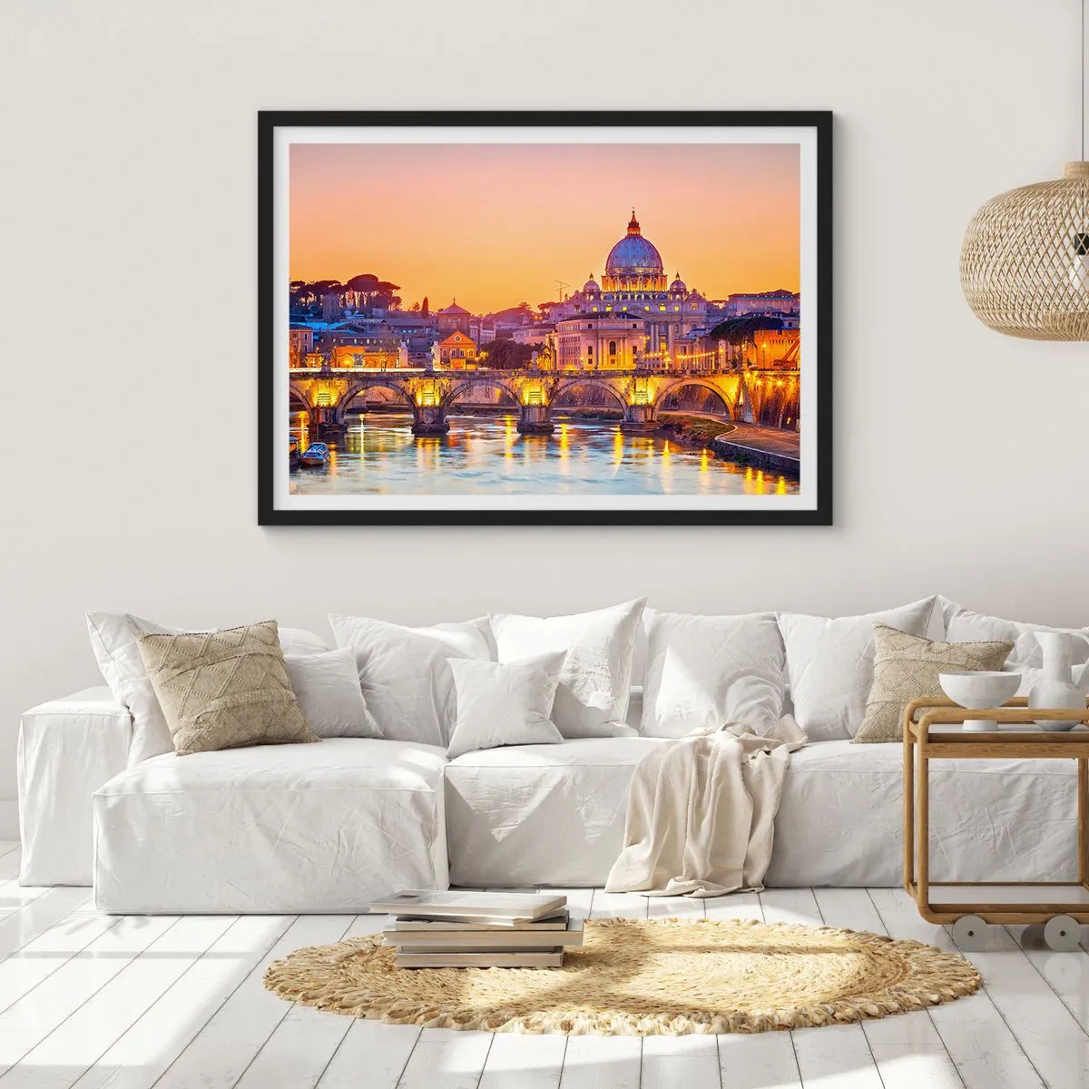 Affiche dans un cadre noir - Poster - Panorama du Vatican au coucher du soleil avec un pont sur la rivière - 100x70cm - Coucher de soleil sur la ville éternelle - Décoration murale moderne pour le salon et la chambre ARTTOR