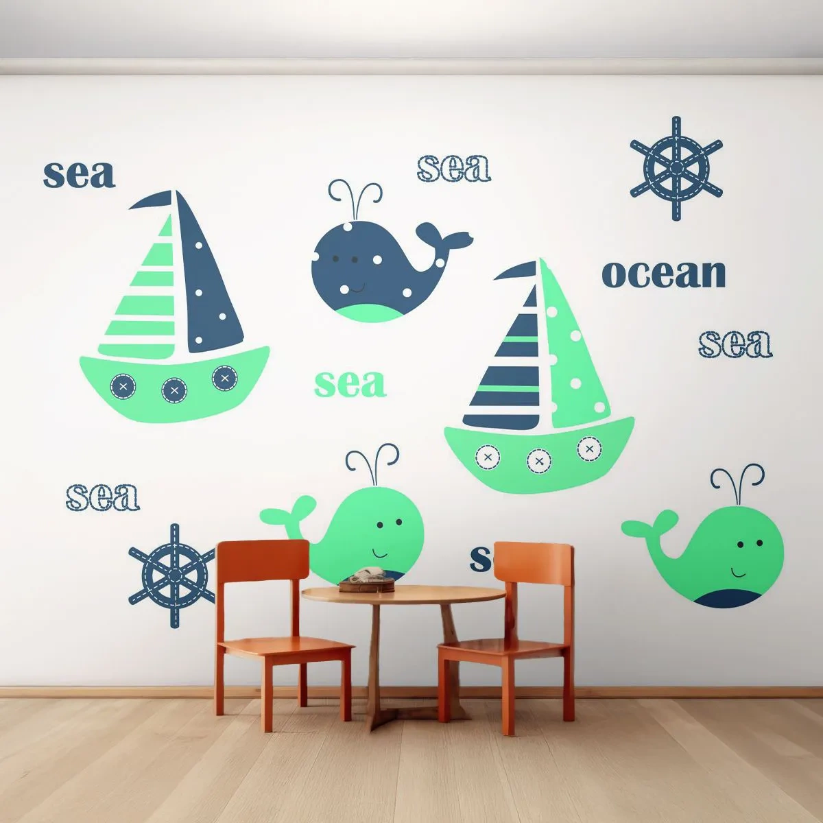 Papier Peint Photo Premium Sand - Charmantes illustrations nautiques de navires et de baleines - 100x70cm - À travers les mers et les océans - Décoration murale moderne pour le salon et la chambre ARTTOR