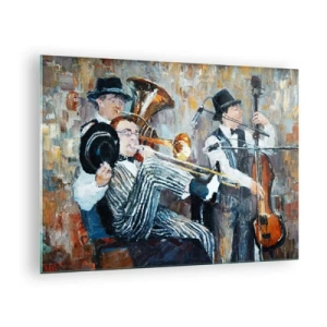 Impression sur verre - Image sur verre - Un groupe de jazz dans une scène impressionniste atmosphérique - 70x50cm - C'est tout le Jazz - Décoration murale moderne pour le salon et la chambre ARTTOR