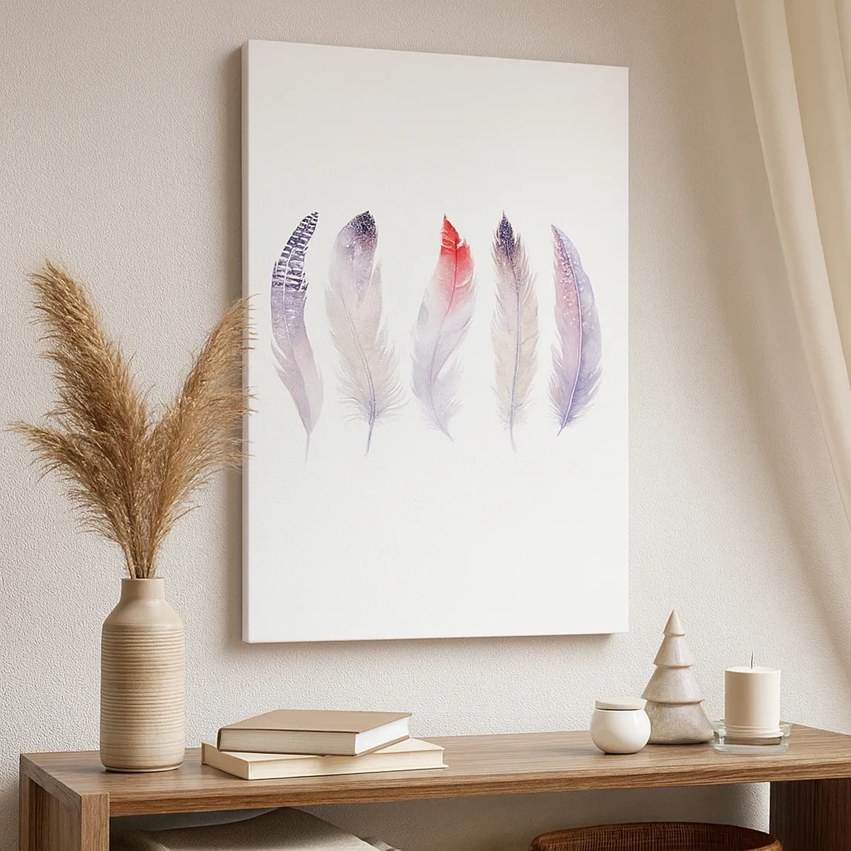 Impression sur toile - Image sur toile - Cinq plumes délicates aux tons pastel sur fond clair - 50x70cm - Délicat comme un brouillard multicolore - Décoration murale moderne pour le salon et la chambre ARTTOR