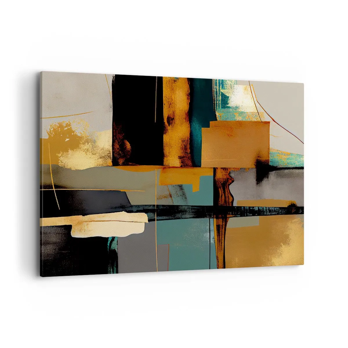 Impression sur toile - Image sur toile - Composition abstraite avec des éléments dorés et turquoise - 100x70cm - Abstraction – lumière et ombre - Décoration murale moderne pour le salon et la chambre ARTTOR