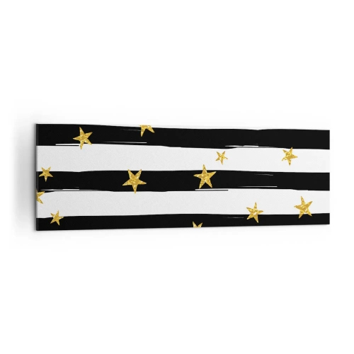 Impression sur toile - Image sur toile - Rayures noires et blanches avec étoiles dorées - 160x50cm - Nous sommes tous nés sous une bonne étoile - Décoration murale moderne pour le salon et la chambre ARTTOR