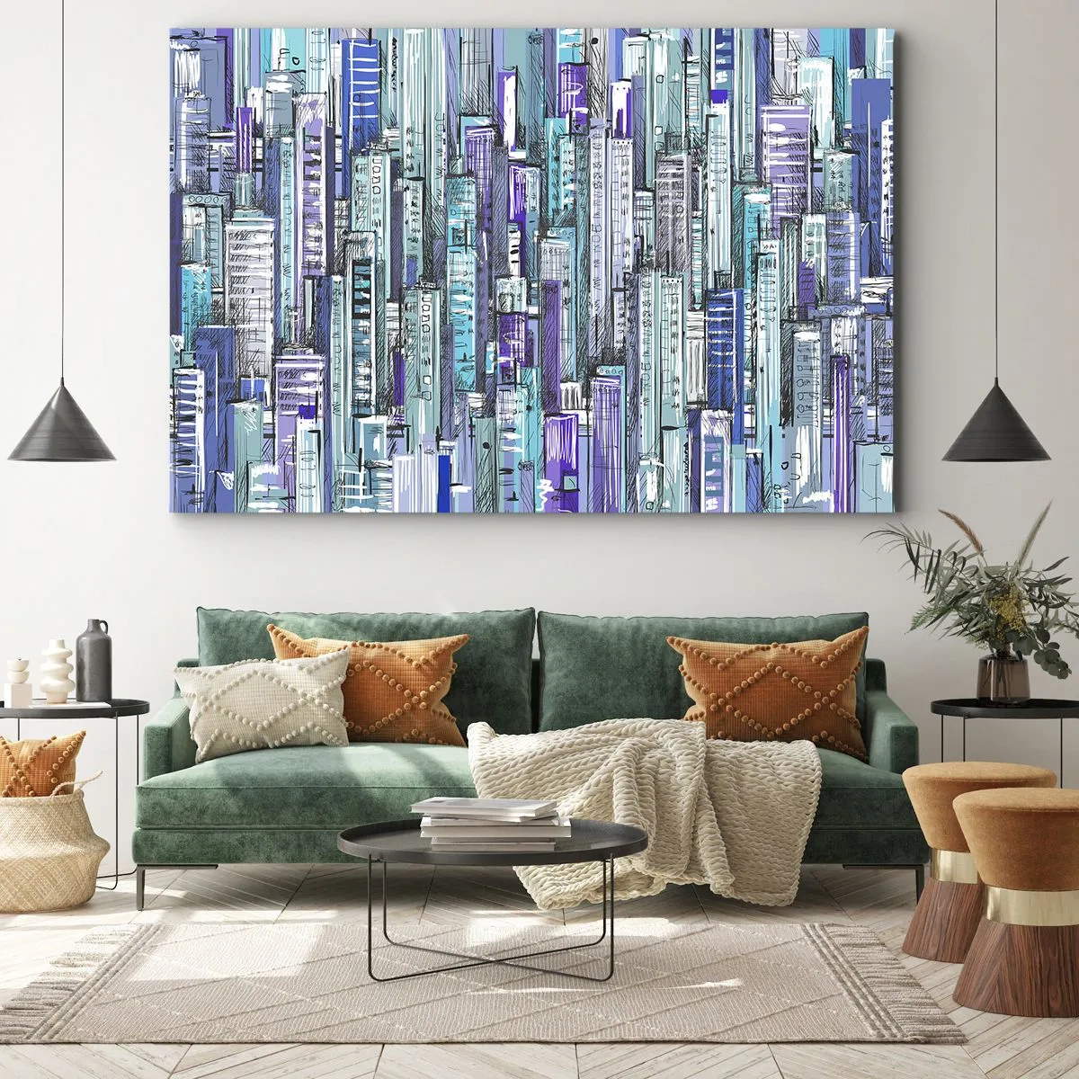 Impression sur toile - Image sur toile - Illustration d'une ville avec des bâtiments géométriques dans des tons de bleu et de violet. - 70x50cm - Bleuâtre avec le ciel - Décoration murale moderne pour le salon et la chambre ARTTOR