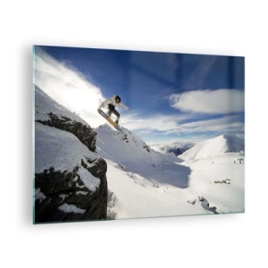 Impression sur verre - Image sur verre - Un snowboarder sautant d'une falaise dans les montagnes en hiver - 70x50cm - Liberté sans limite - Décoration murale moderne pour le salon et la chambre ARTTOR