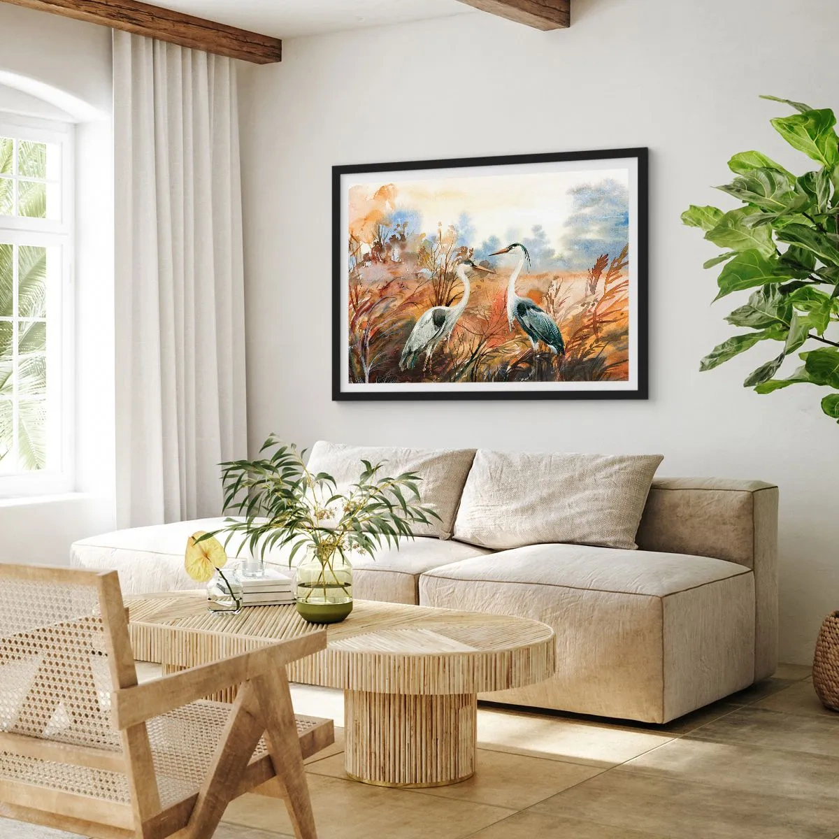 Affiche dans un cadre noir - Poster - Deux hérons sur fond de paysage d'automne - 100x70cm - Jusqu'où en automne ? - Décoration murale moderne pour le salon et la chambre ARTTOR