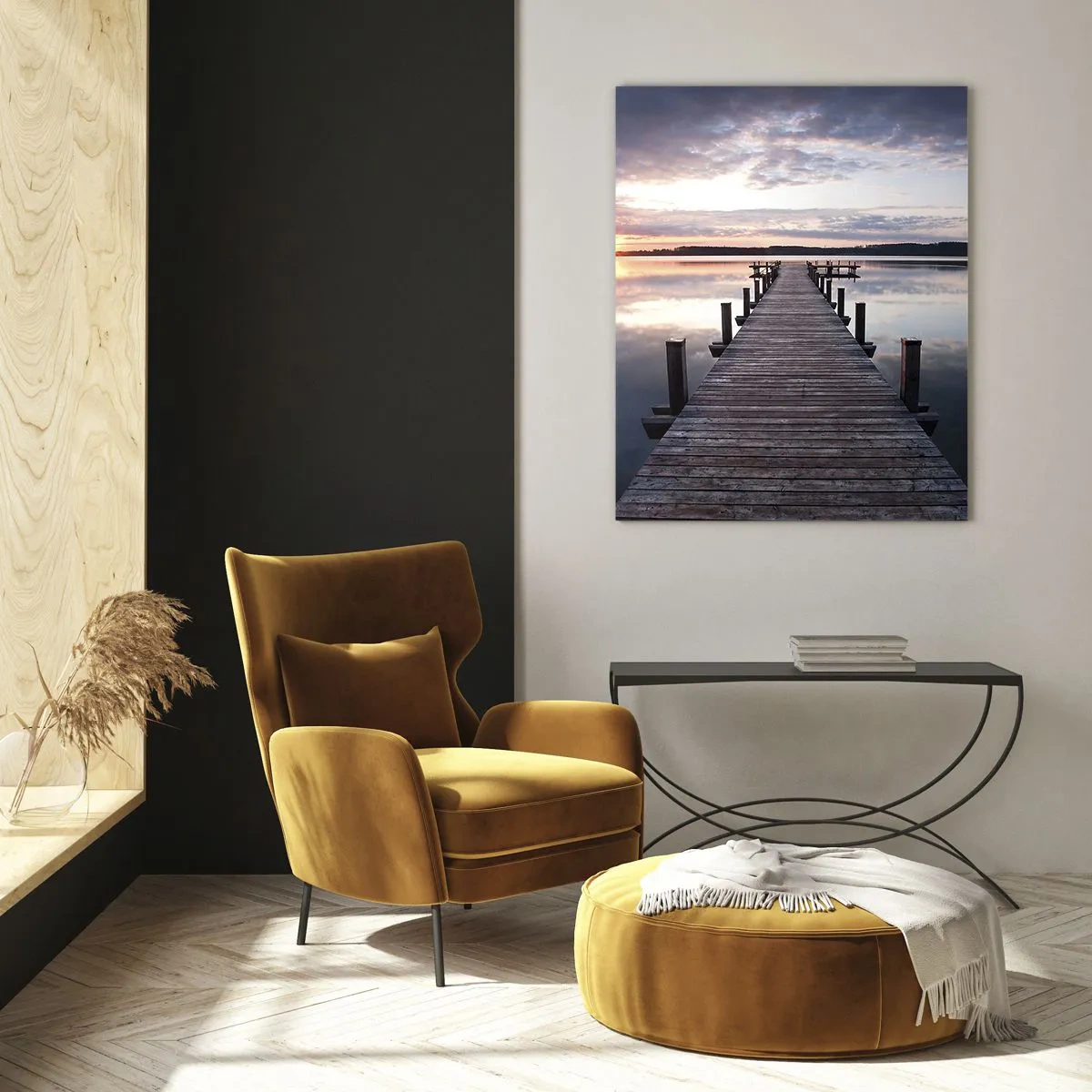 Impression sur verre - Image sur verre - Une jetée sur un lac au coucher du soleil dans un paysage paisible - 80x120cm - Une frontière tranquille entre le jour et la nuit - Décoration murale moderne pour le salon et la chambre ARTTOR