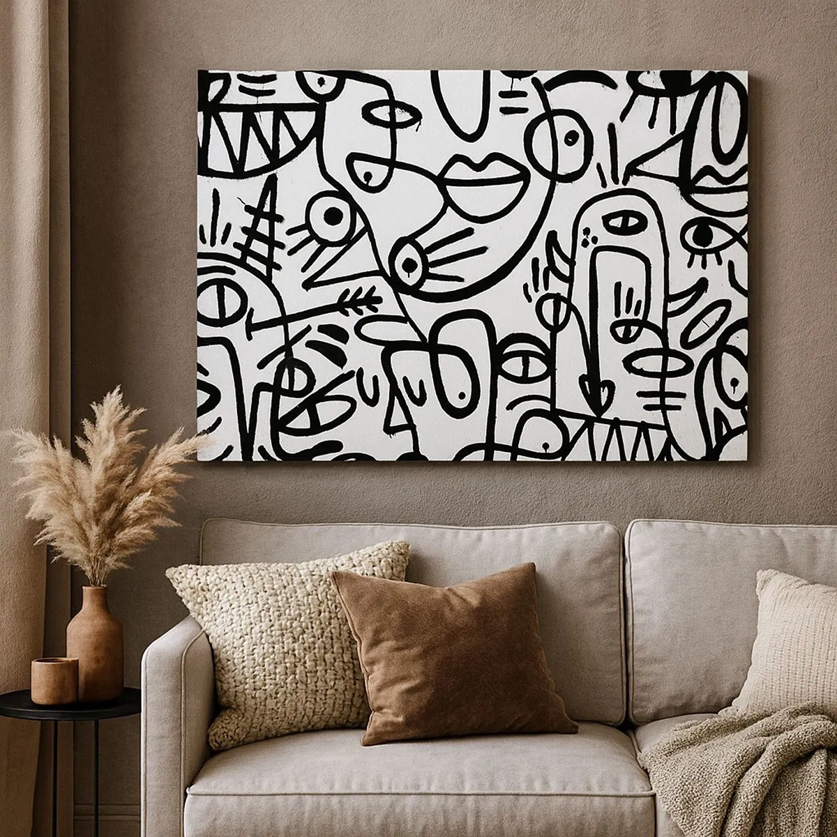 Impression sur toile - Image sur toile - Dessins abstraits en noir et blanc avec des motifs faciaux - 70x50cm - Visages et mirages - Décoration murale moderne pour le salon et la chambre ARTTOR