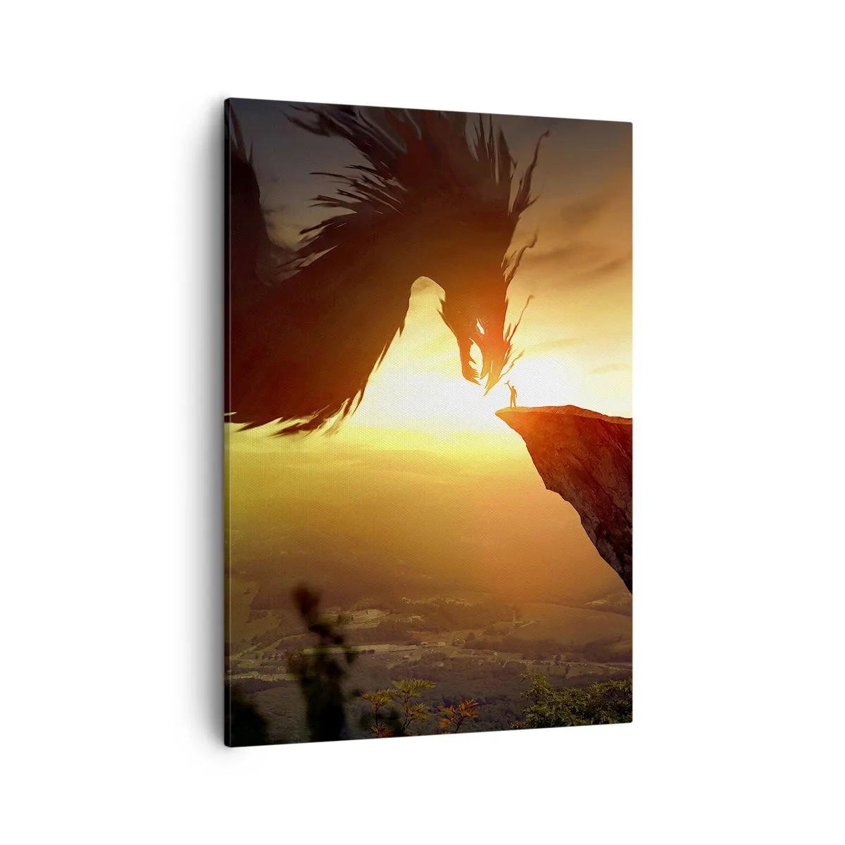 Impression sur toile - Image sur toile - Un dragon et un homme sur un rocher dans la lueur du soleil couchant - 50x70cm - Chasseur de dragon - Décoration murale moderne pour le salon et la chambre ARTTOR