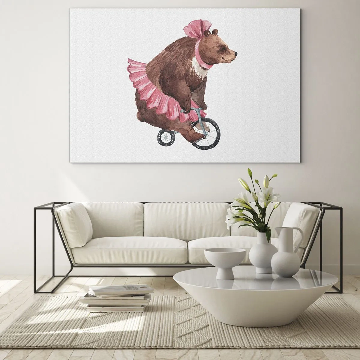 Impression sur verre - Image sur verre - Un ours en jupe rose sur un monocycle - 120x80cm - Quel cirque ! - Décoration murale moderne pour le salon et la chambre ARTTOR