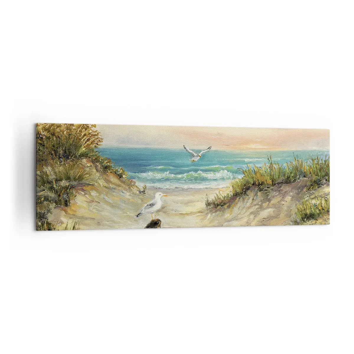 Impression sur toile - Image sur toile - Côte avec mouettes et dunes au coucher du soleil - 160x50cm - Retraite au calme - Décoration murale moderne pour le salon et la chambre ARTTOR