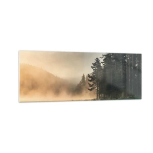 Impression sur verre - Image sur verre - Une forêt brumeuse sur un lac calme - 140x50cm - Naissance du jour - Décoration murale moderne pour le salon et la chambre ARTTOR