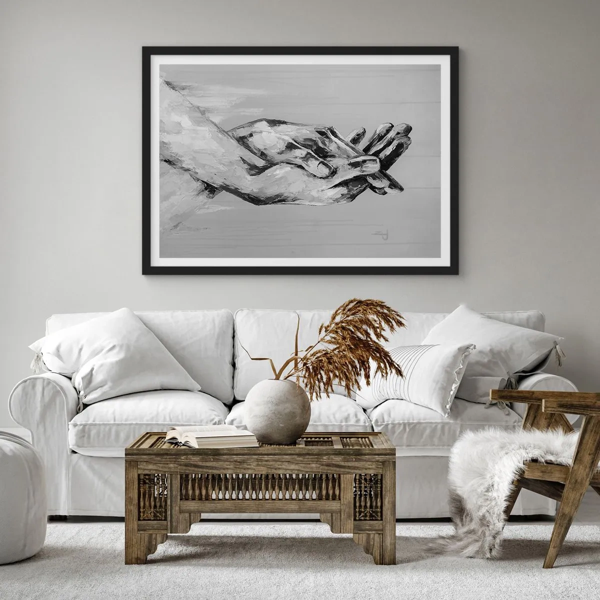 Affiche dans un cadre noir - Poster - Une composition en noir et blanc de deux mains jointes sur un fond clair. - 70x50cm - Début... - Décoration murale moderne pour le salon et la chambre ARTTOR