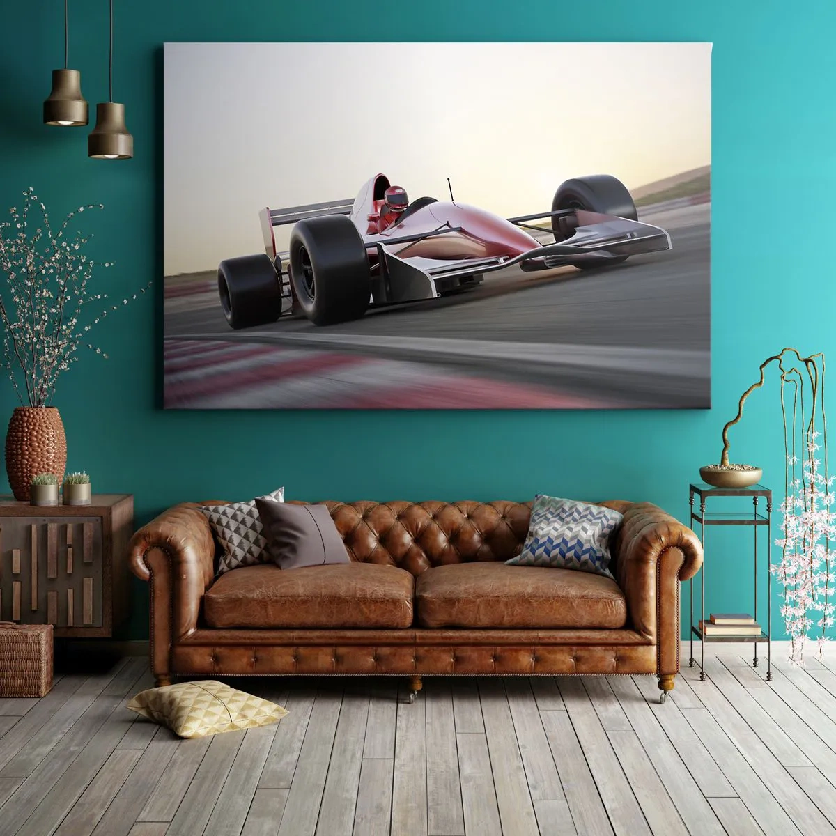 Impression sur toile - Image sur toile - Une voiture de Formule 1 rouge sur une piste de course en conduisant - 120x80cm - Toujours gagnant - Décoration murale moderne pour le salon et la chambre ARTTOR