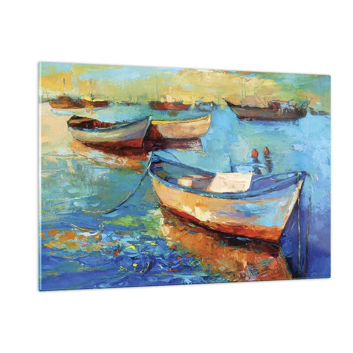 Impression sur verre - Image sur verre - Bateaux colorés sur un fond d'eau calme - 120x80cm - Dans la baie du sud - Décoration murale moderne pour le salon et la chambre ARTTOR