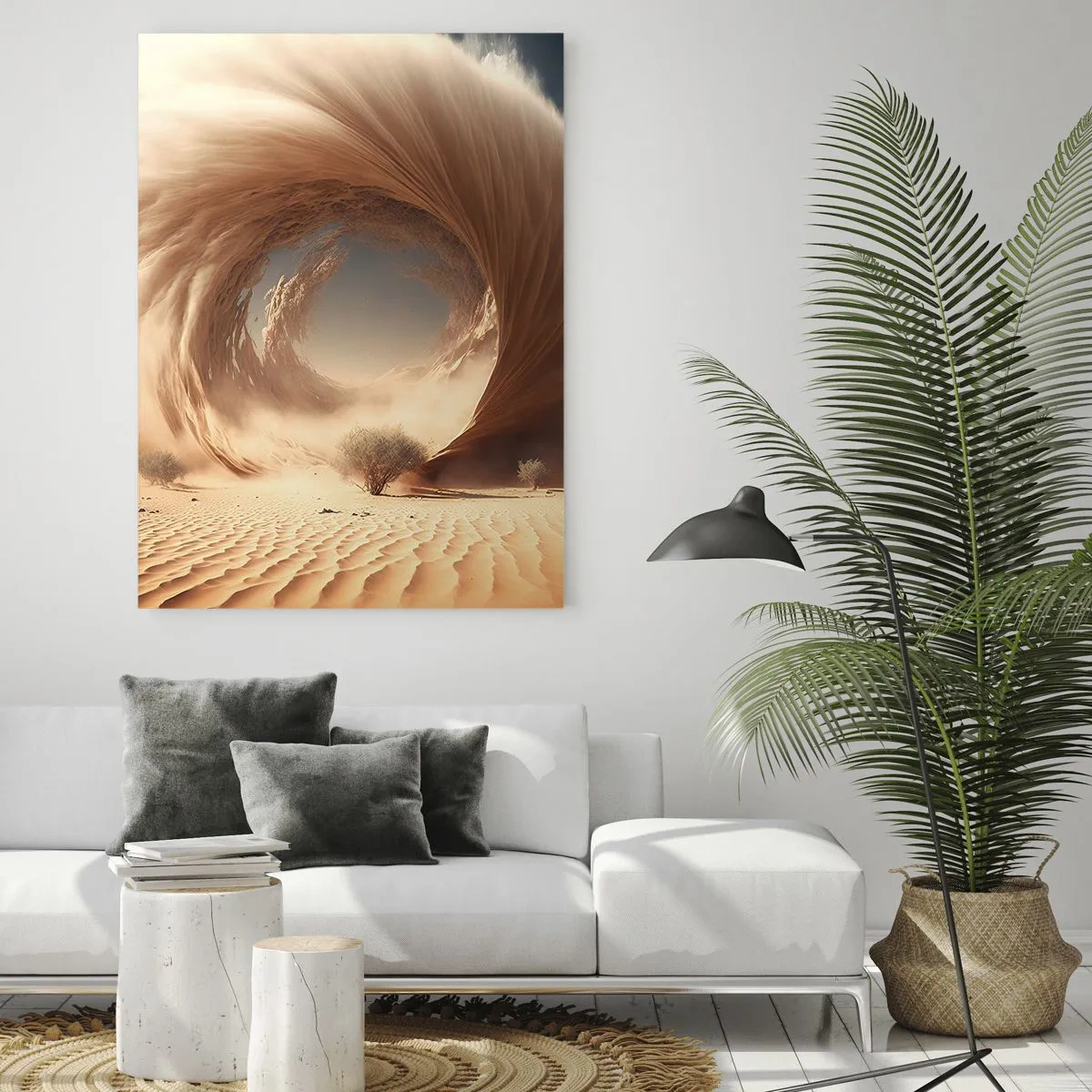 Impression sur verre - Image sur verre - Tourbillon de sable dynamique dans un désert avec des arbres - 80x120cm - Portail ouvert - Décoration murale moderne pour le salon et la chambre ARTTOR