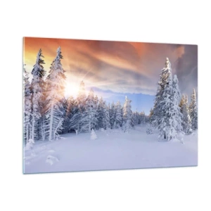 Impression sur verre - Image sur verre - Paysage d'hiver avec des arbres enneigés au coucher du soleil - 120x80cm - Un spectacle enneigé de la nature - Décoration murale moderne pour le salon et la chambre ARTTOR