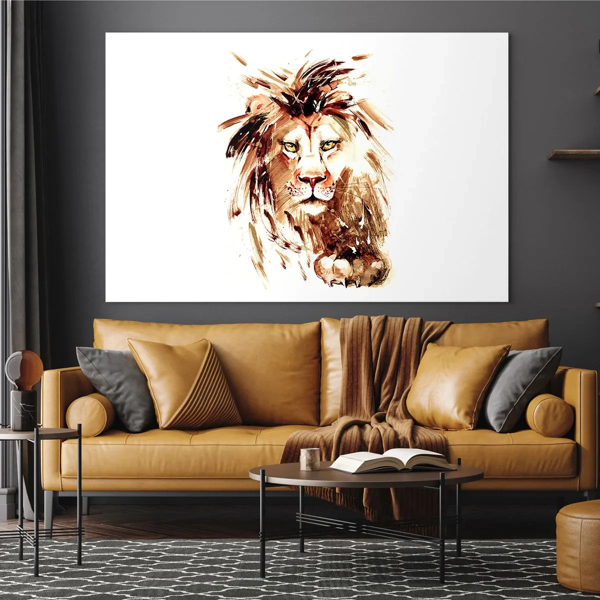 Impression sur verre - Image sur verre - Portrait à l'aquarelle d'un lion sur fond blanc - 100x70cm - Force et dignité - Décoration murale moderne pour le salon et la chambre ARTTOR