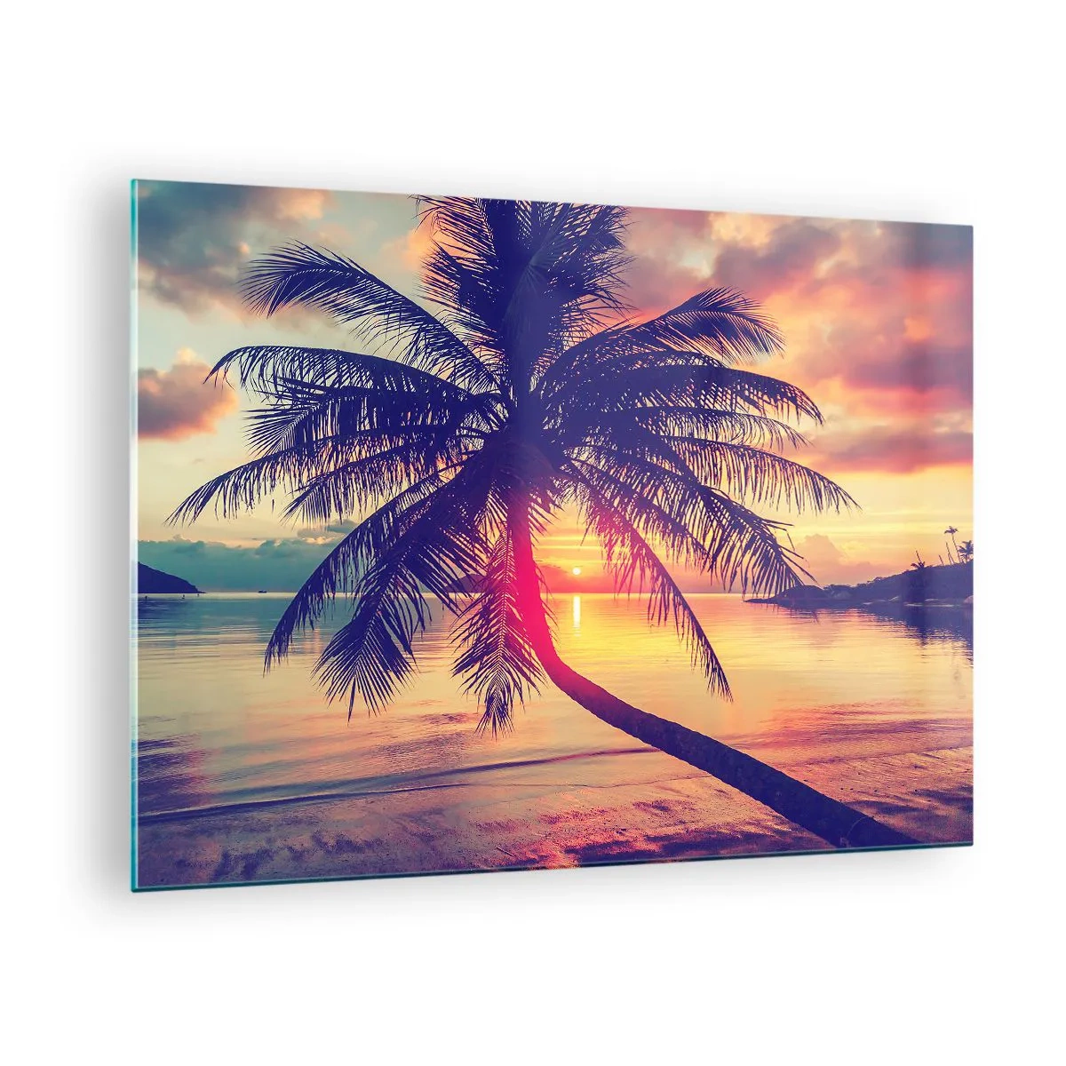 Impression sur verre - Image sur verre - Palmier au coucher du soleil sur une mer calme - 70x50cm - Soirée sous les palmiers - Décoration murale moderne pour le salon et la chambre ARTTOR