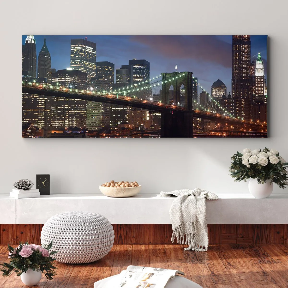 Impression sur toile - Image sur toile - Pont de New York la nuit avec bâtiments illuminés - 140x50cm - Nuit rougeoyante - Décoration murale moderne pour le salon et la chambre ARTTOR