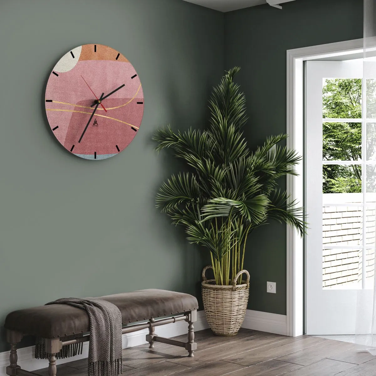 Horloge murale - Pendule murale - Formes pastel avec des lignes roses et dorées sur le fond - 30x30cm - Composition pastel au fil d'or - Décoration murale moderne pour le salon, la cuisine et la chambre ARTTOR