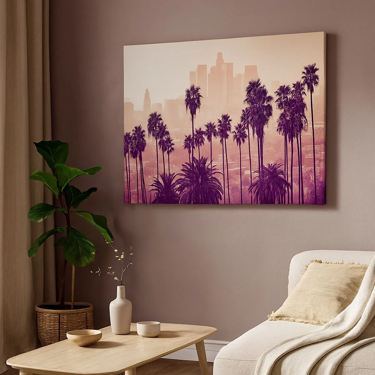 Impression sur toile - Image sur toile - Palmiers sur fond de paysage urbain aux couleurs chaudes - 70x50cm - Paysage californien - Décoration murale moderne pour le salon et la chambre ARTTOR