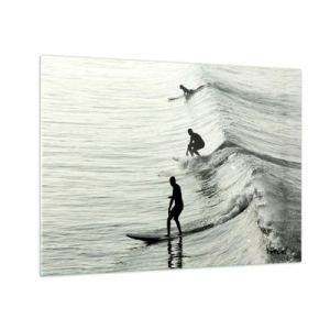 Impression sur verre - Image sur verre - Trois surfeurs surfant sur les vagues le matin - 70x50cm - A la rencontre de la vague - Décoration murale moderne pour le salon et la chambre ARTTOR