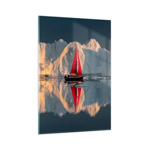 Impression sur verre - Image sur verre - Un voilier avec une voile rouge sur fond de glacier - 80x120cm - Aux limites du monde - Décoration murale moderne pour le salon et la chambre ARTTOR