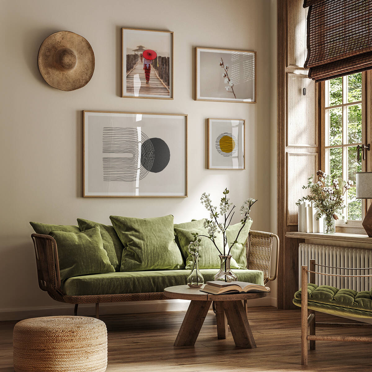 Affiche dans un chêne clair Arttor 100x70 cm - Tremblement et confiance - Abstraction, Art, Minimalisme, Art Moderne, Art Artistique, Pour le salon, Pour la chambre, Blanc, Noir, Horizontal, P2NAA100x70-4747