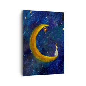 Impression sur toile - Image sur toile - Une fille debout sur la lune dans un ciel étoilé - 50x70cm - Appel du monde - Décoration murale moderne pour le salon et la chambre ARTTOR