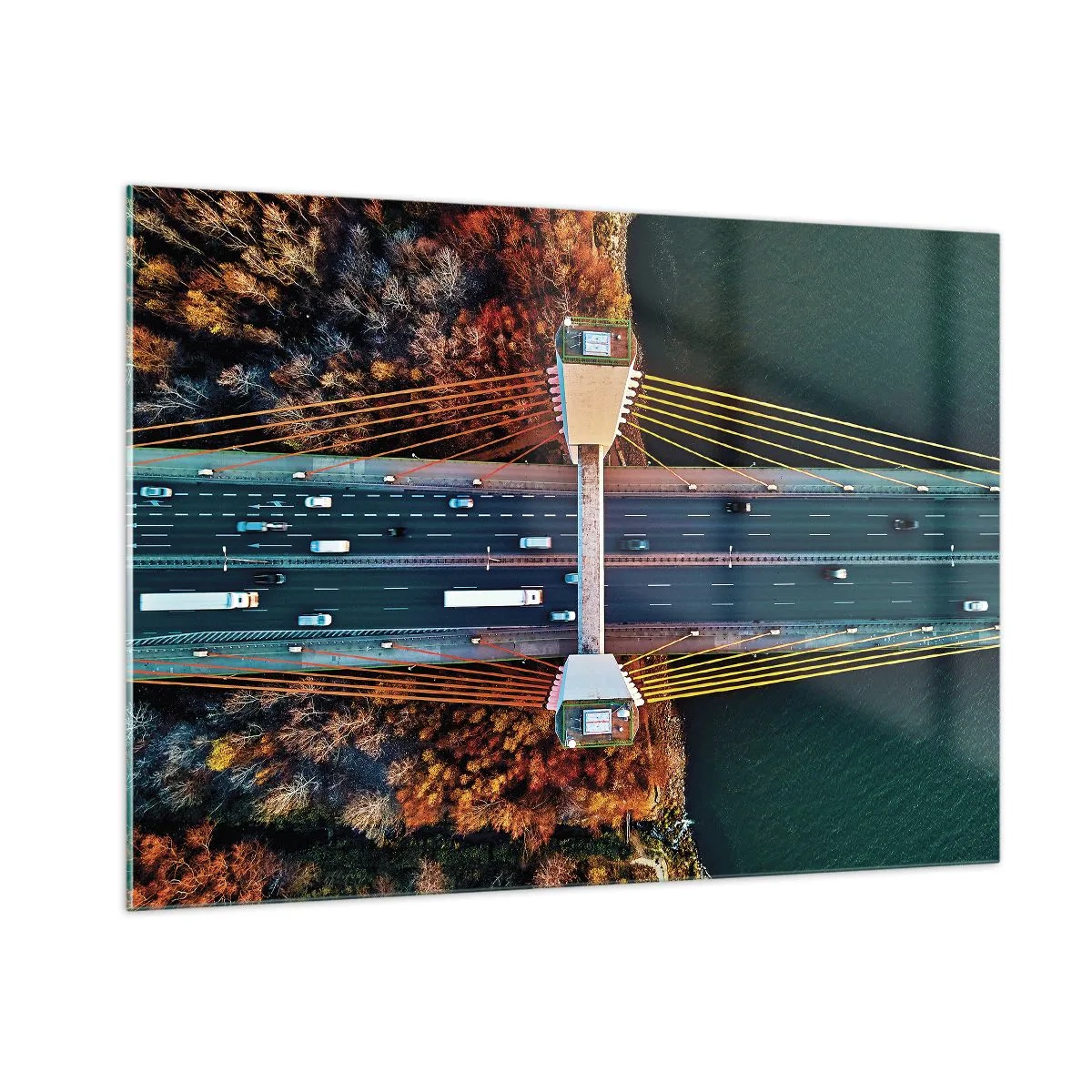 Impression sur verre - Image sur verre - Vue aérienne du pont avec une disposition symétrique des câbles et des voitures - 100x70cm - Au dessus de l'eau et de la forêt - Décoration murale moderne pour le salon et la chambre ARTTOR