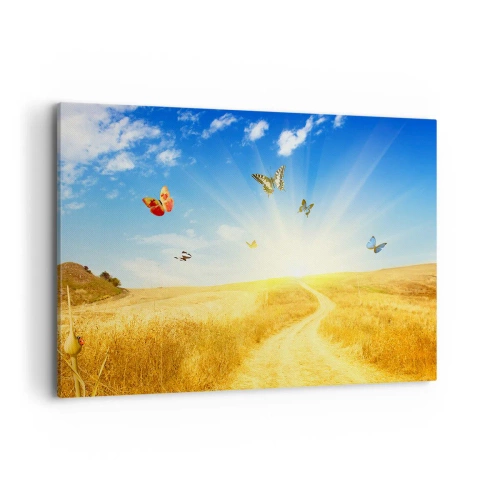 Impression sur toile - Image sur toile - Un champ doré, un chemin et des papillons contre un ciel bleu - 100x70cm - Et comment ne pas aimer l'été ? - Décoration murale moderne pour le salon et la chambre ARTTOR