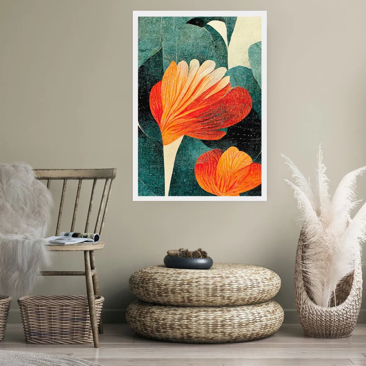 Affiche - Poster - Fleurs abstraites dans les tons orange et vert - 50x70cm - La chaleur des tropiques et la fraîcheur de la verdure - Décoration murale moderne pour le salon et la chambre ARTTOR